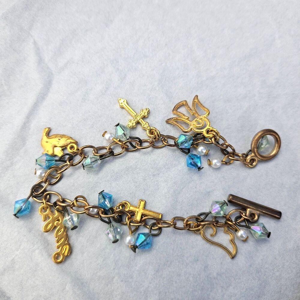 Angel Charm Bracelet on Gold Chain with Blue Beads - 7.5" Long